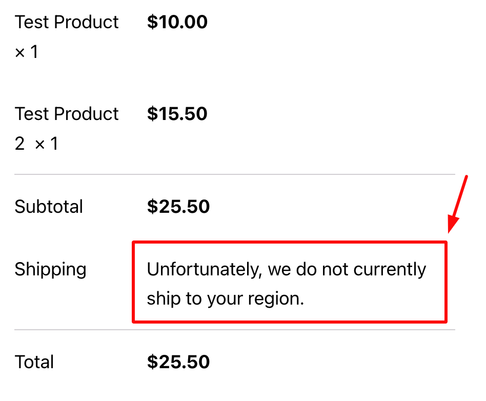 Image of no shipping methods available for region.